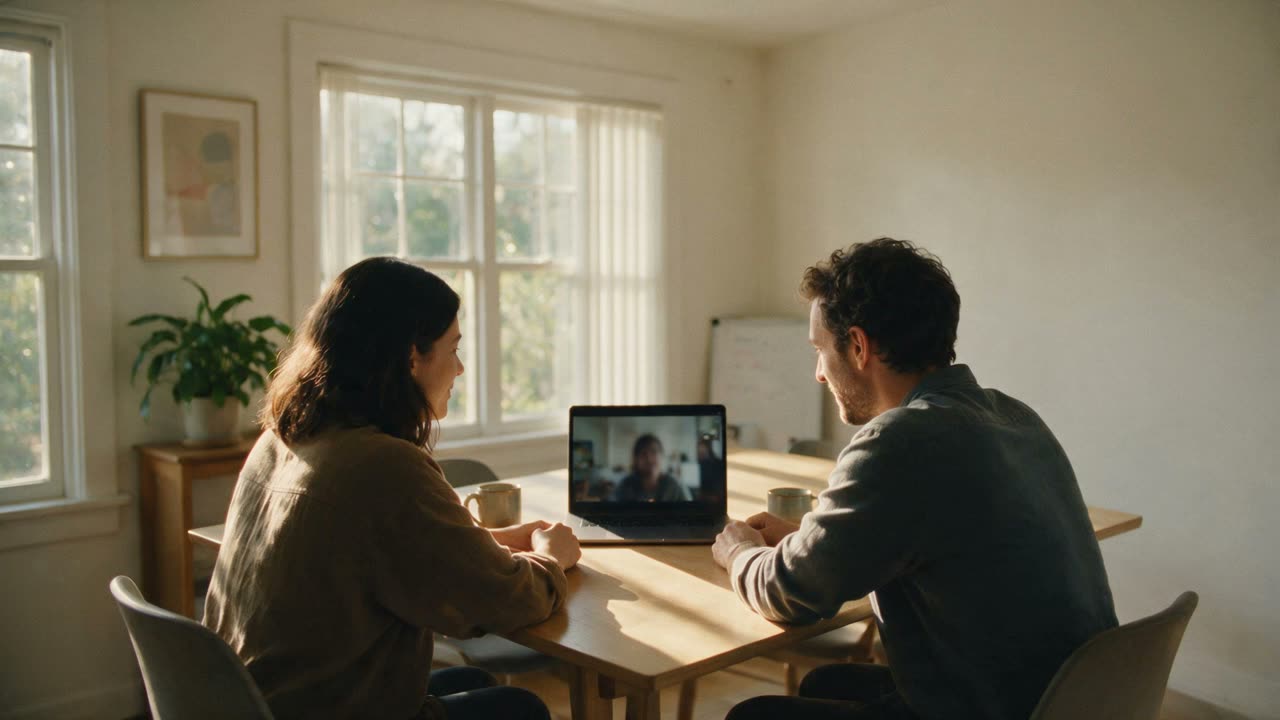 Two colleagues in a sunlit room, on a video call with a remote participant