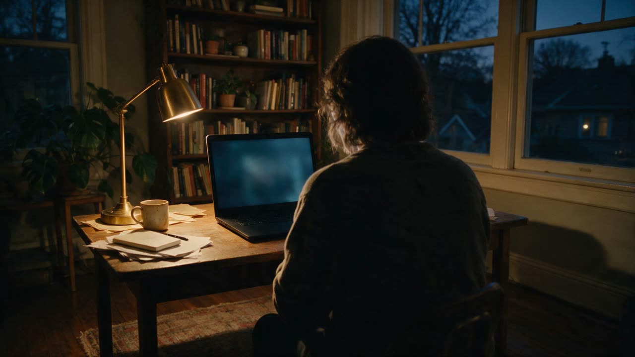 A late video call lit by a single desk lamp