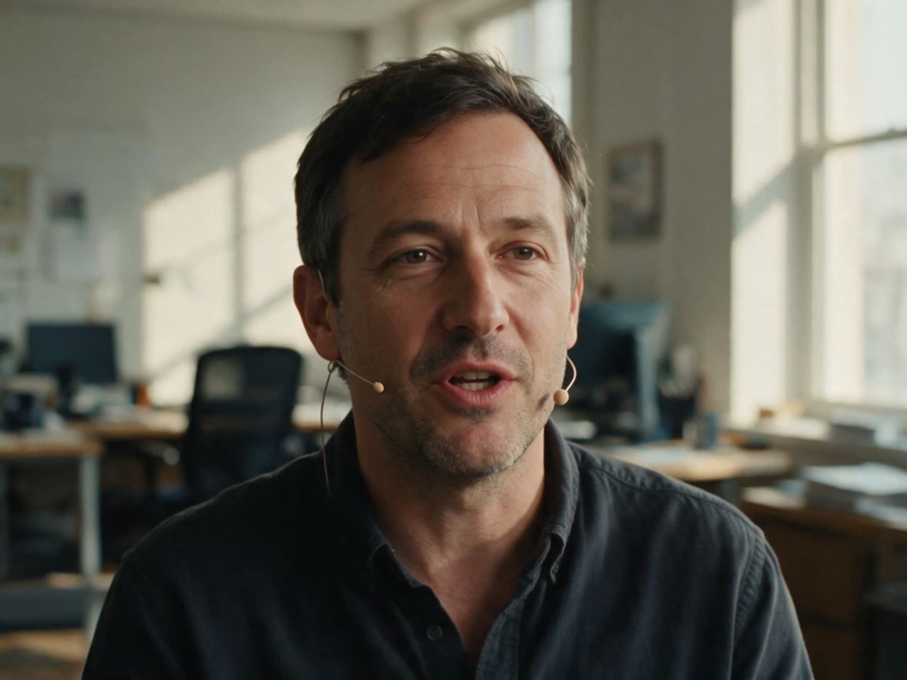 A person mid-sentence wearing a headset microphone, in daylight