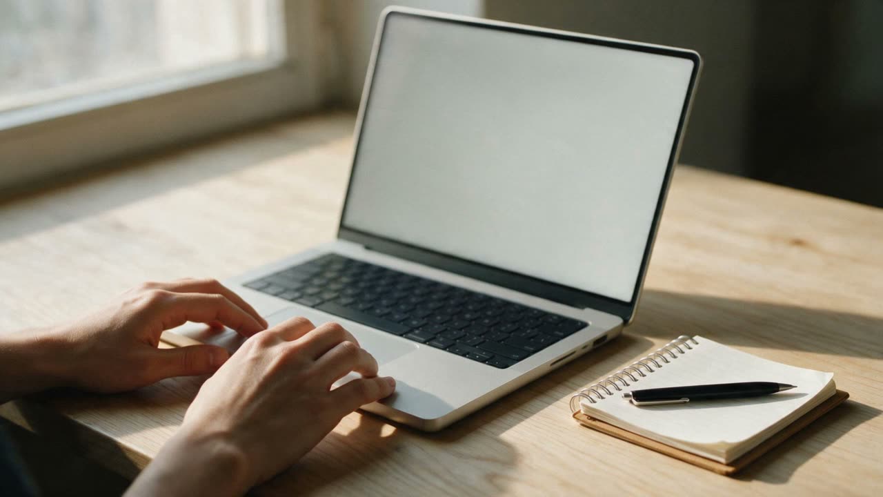 Hands resting at an open laptop on a desk in daylight