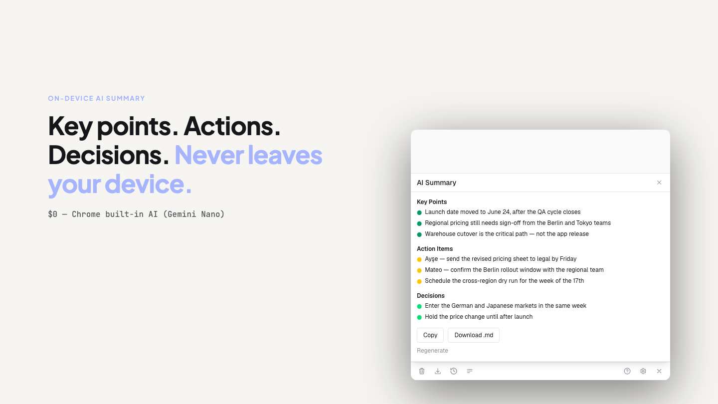 Gaavala's summary panel generating Key Points, Action Items and Decisions from a meeting transcript, on-device.